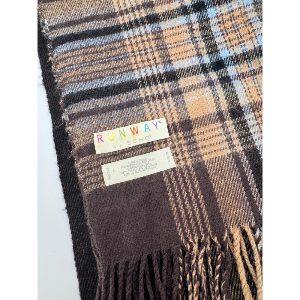 Runway by Echo Brown Plaid Oversized Fringed Wrap Scarf One Size Acrylic Shawl - Picture 2 of 5